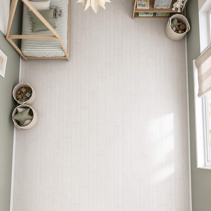 Elevated view of Virgin Scandi laminate flooring in a children's bedroom setting.