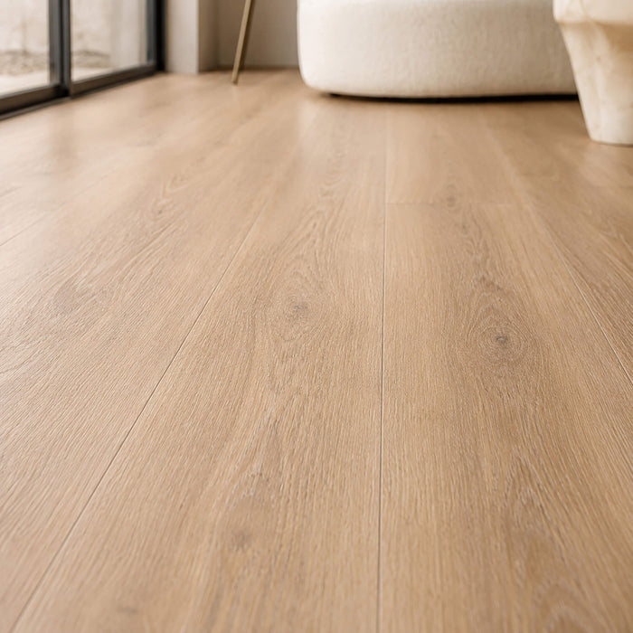 Close-up of a Volcanic Larch Rigid LVT super plank floor in a modern interior setting.