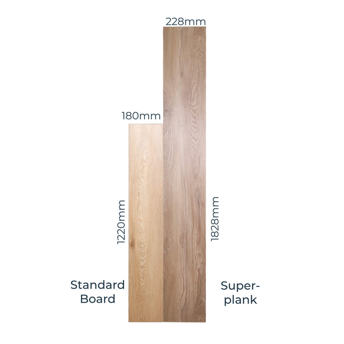 Comparison of standard board and Volcanic Larch Rigid LVT super plank dimensions on a white background.