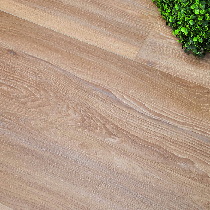 Close-up of Volcanic Larch Rigid LVT super plank flooring with a plant  in the corner.