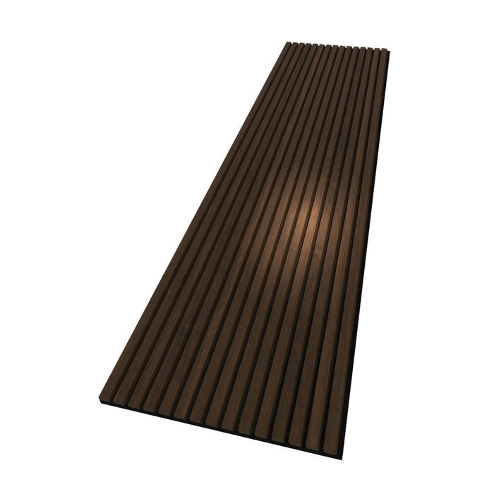 An angled view of a Walnut Acoustic Slatwall Panel on a white background