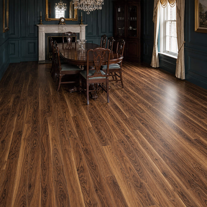 Walnut Prestige laminate flooring in a victorian dining room setting.