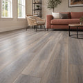 Weathered Oak Prestige laminate flooring in a modern living room setting.