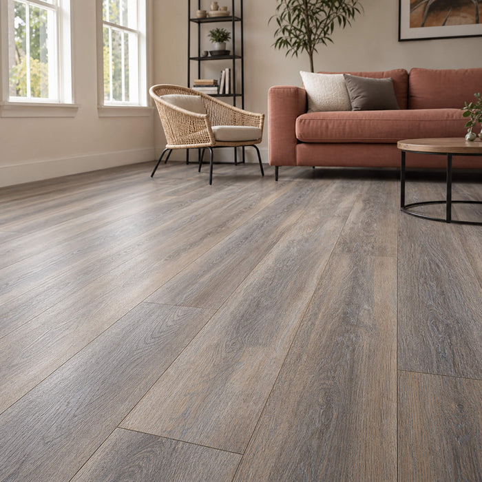 Weathered Oak Prestige laminate flooring in a modern living room setting.