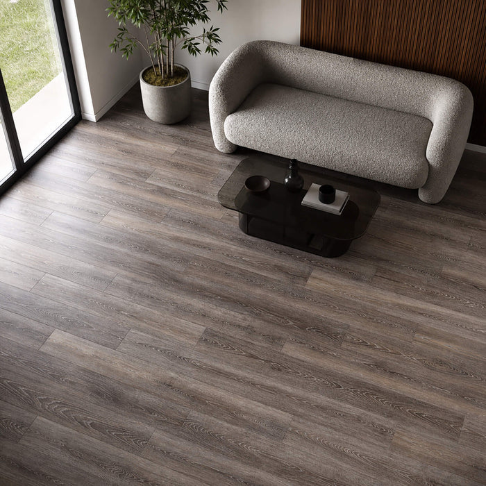 Weathered Oak Rigid LVT flooring in a modern living room setting.