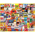 A large collage featuring various food items alongside other assorted objects.