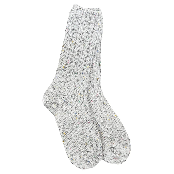Pair of gray socks with speckles on a white background