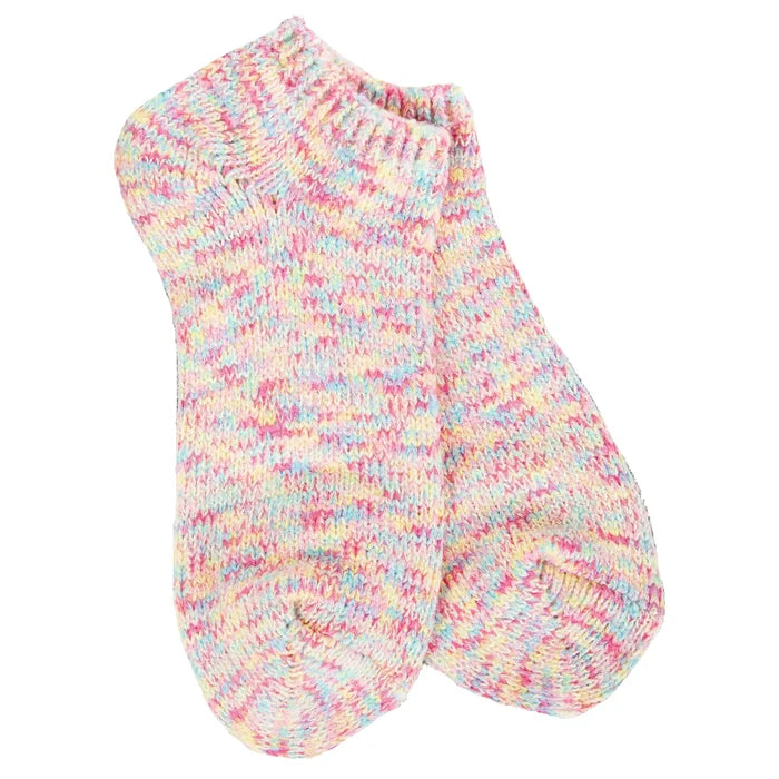 Multicolored knitted sock on a white background