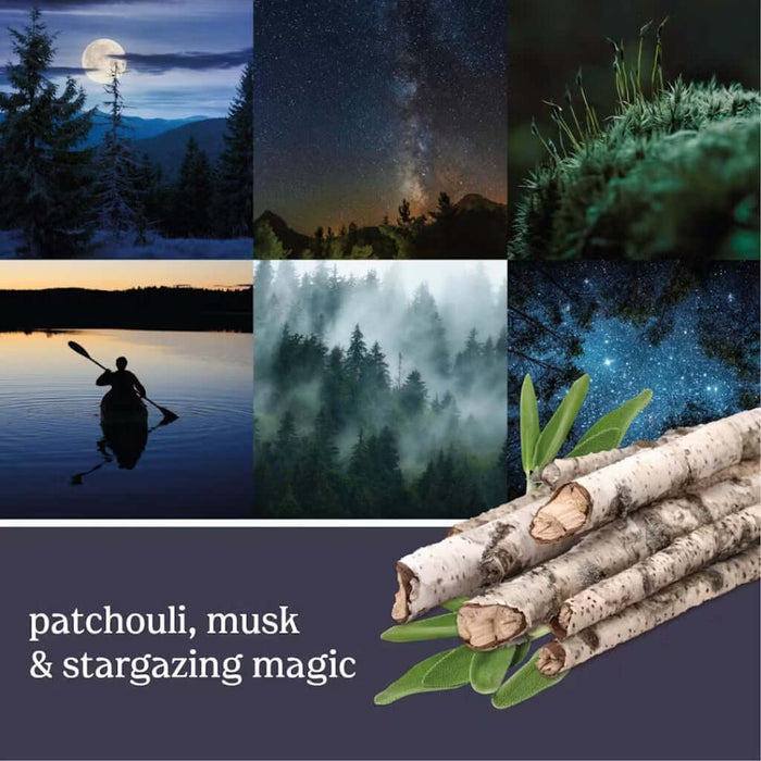 Collage of nature scenes with text 'patchouli, musk & stargazing magic' on a dark background.