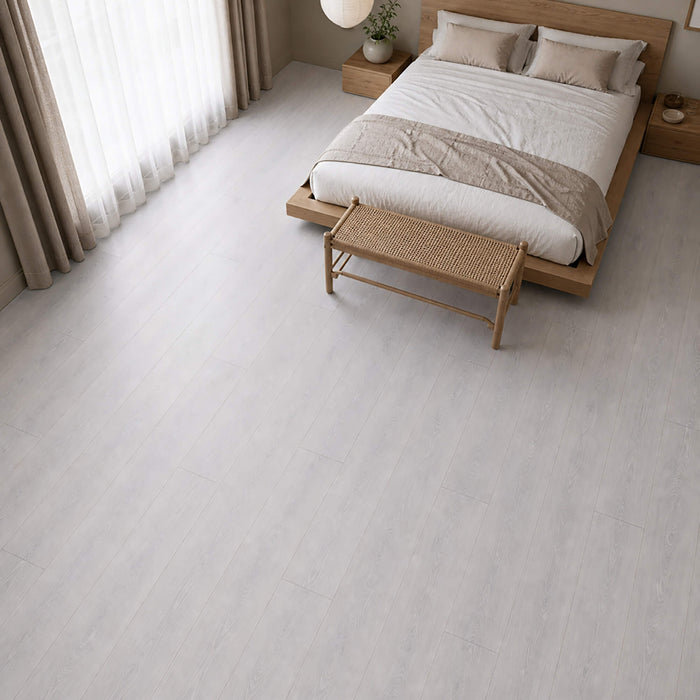 Yosemite Oak Country laminate flooring in a bedroom setting.